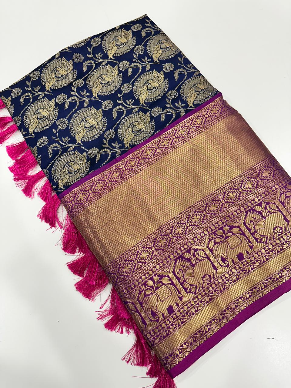 Soft Silk Navy Colour Kanjivaaram Zari & Butta Weaving Saree