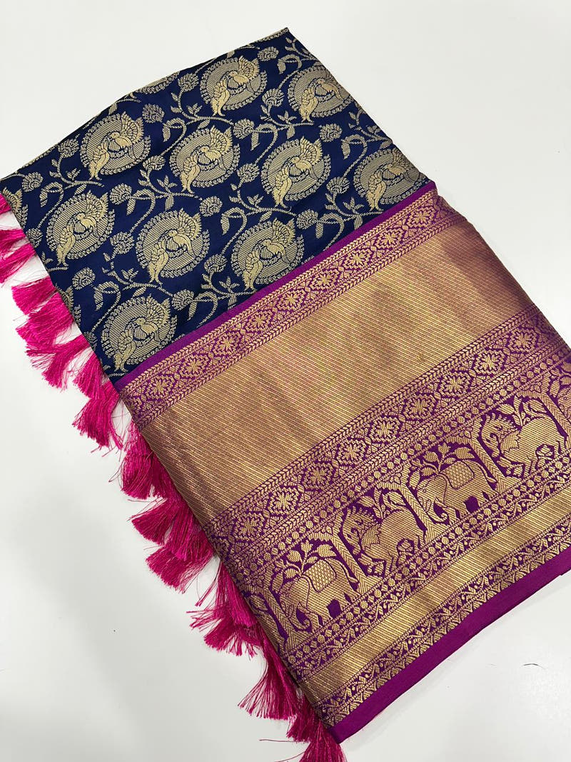 Soft Silk Navy Colour Kanjivaaram Zari & Butta Weaving Saree