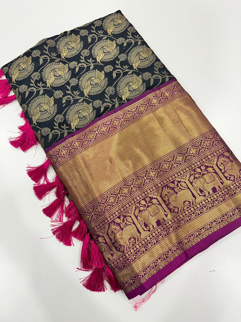 Soft Silk Black Colour Kanjivaaram Zari & Butta Weaving Saree
