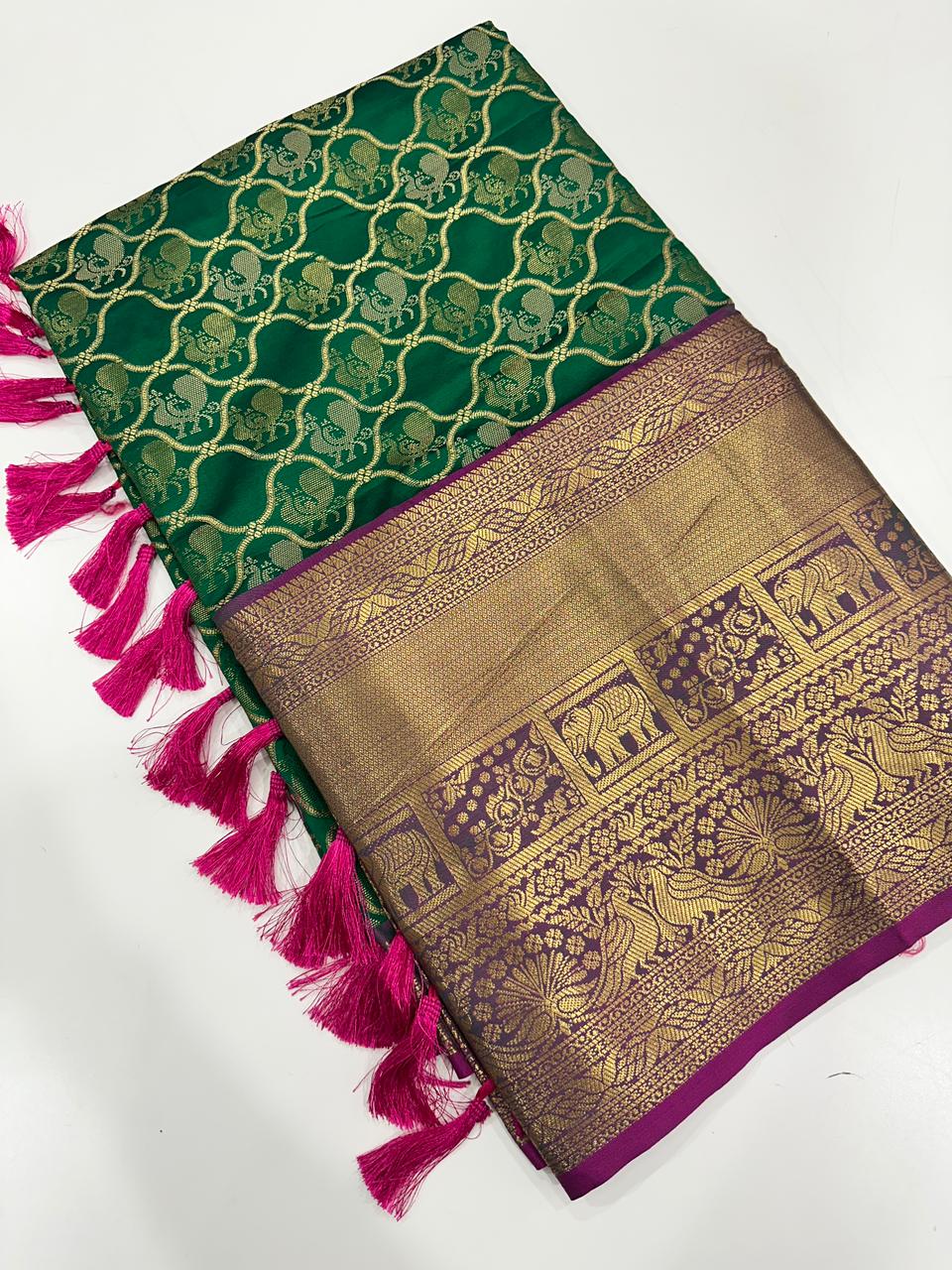 Soft Silk Dark Green Colour Kanjivaaram Traditional Wear Saree