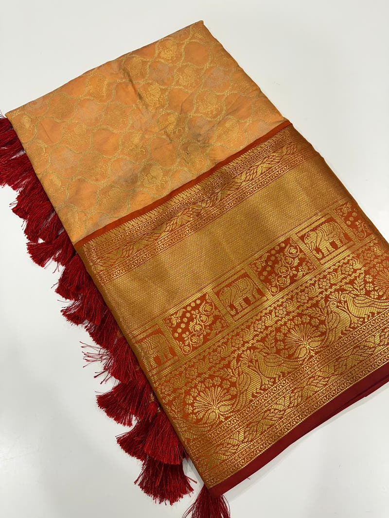Soft Silk Yellow Colour Kanjivaaram Traditional Wear Saree