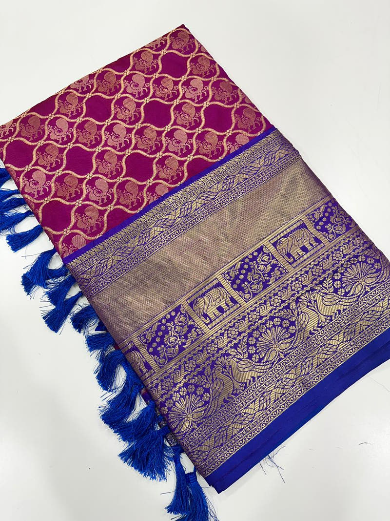 Soft Silk Wine Colour Kanjivaaram Traditional Wear Saree