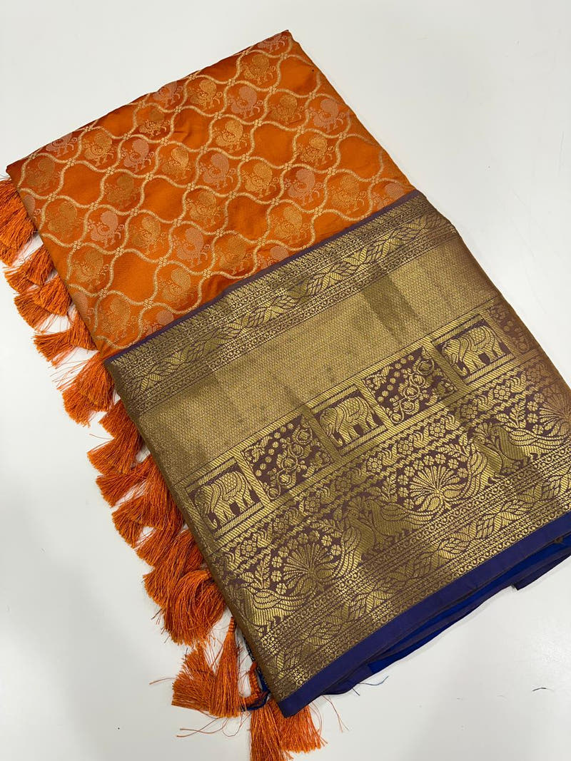 Soft Silk Orange Colour Kanjivaaram Traditional Wear Saree