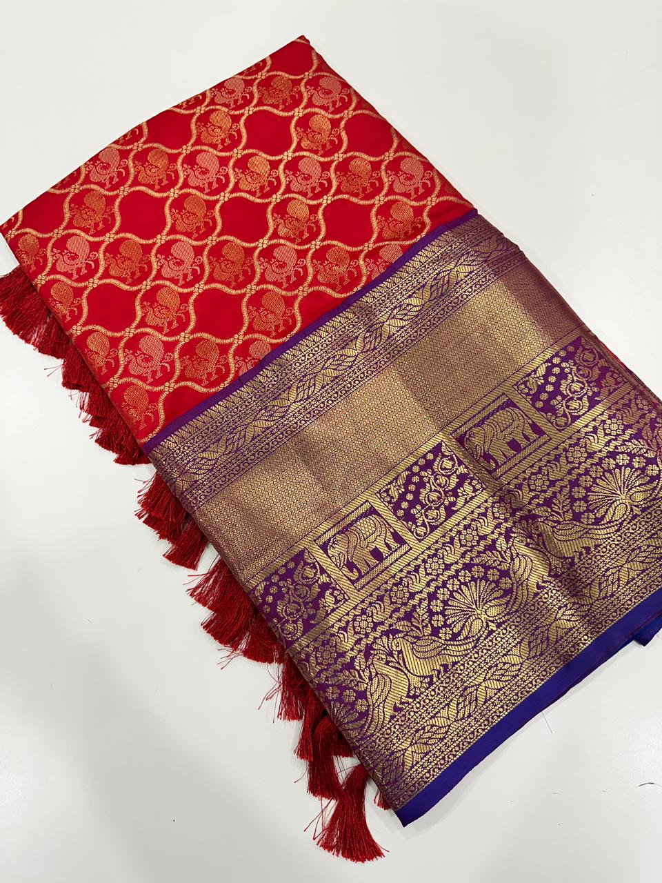 Soft Silk Red Colour Kanjivaaram Traditional Wear Saree