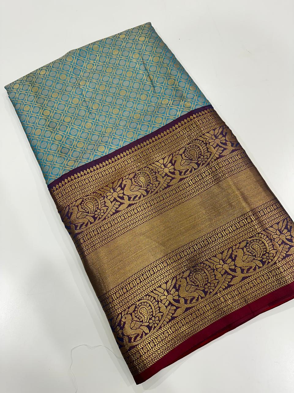 Elegant Teal Blue Gold Woven Border Saree