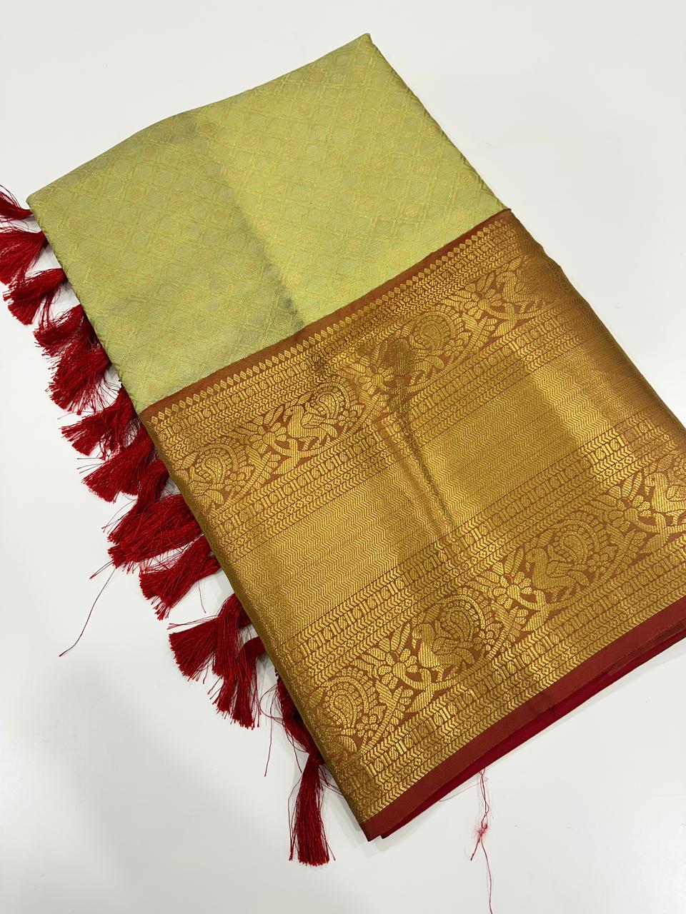 Elegant Pista Gold Woven Border Saree