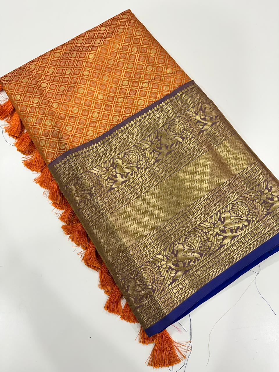 Elegant Orange Gold Woven Border Saree