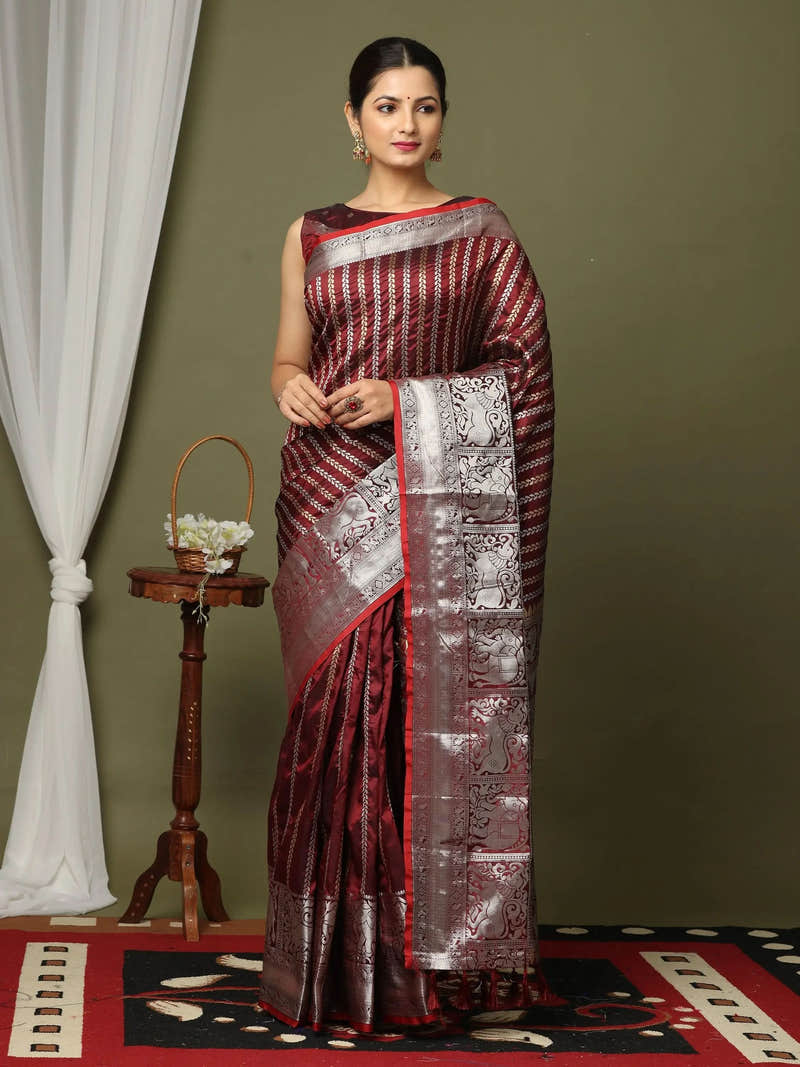 Maroon Soft Silk Zari Striped Saree with Silver Peacock Border
