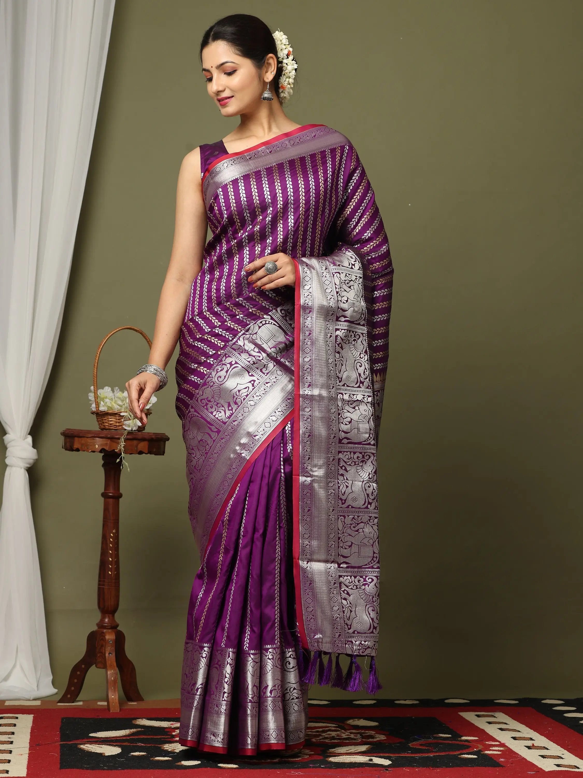 Striped Woven Design Zari Silk Blend Banarasi Saree