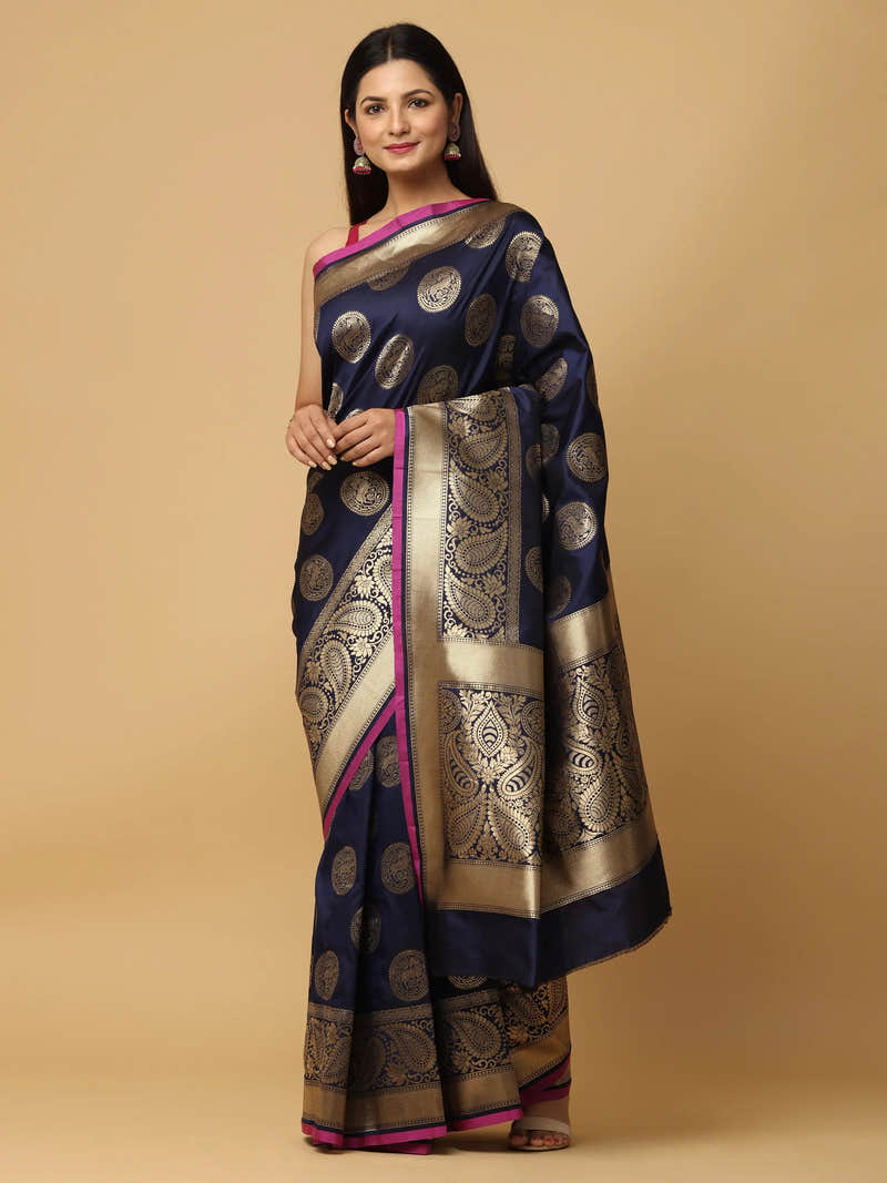 Navy Banarasi Katan Silk Saree with Gold Zari Paisley Pallu