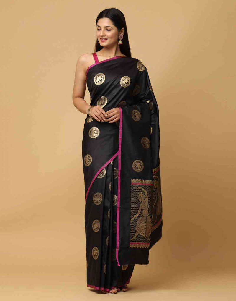 Black Katan Silk Jacquard Saree with Dancer Pallu and Pink Border