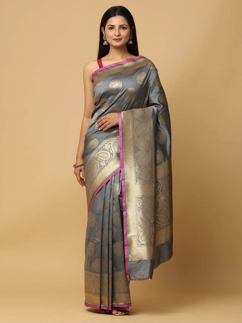 Grey Colour Banarasi Katan Silk Kanchi Zari Weaving Saree