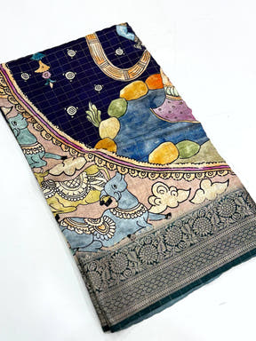 Navy Blue Pure Viscose Kalalmkari Print Saree