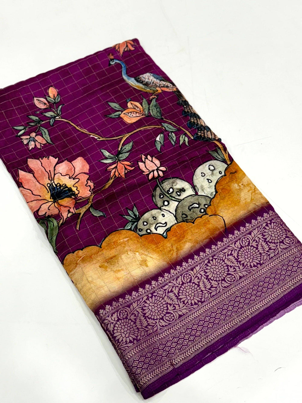 Purple Pure Viscose Kalalmkari Print Saree