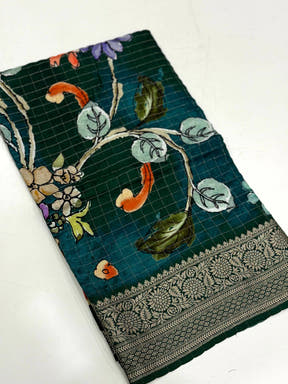 Teal Pure Viscose Kalalmkari Print Saree