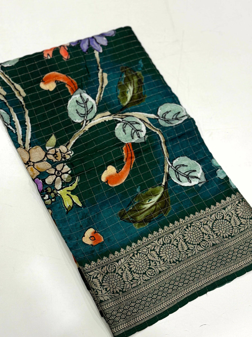 Teal Pure Viscose Kalalmkari Print Saree