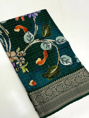 Teal Pure Viscose Kalalmkari Print Saree