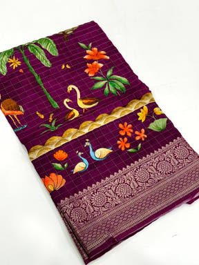 Deep Purple Pure Viscose Kalalmkari Print Saree