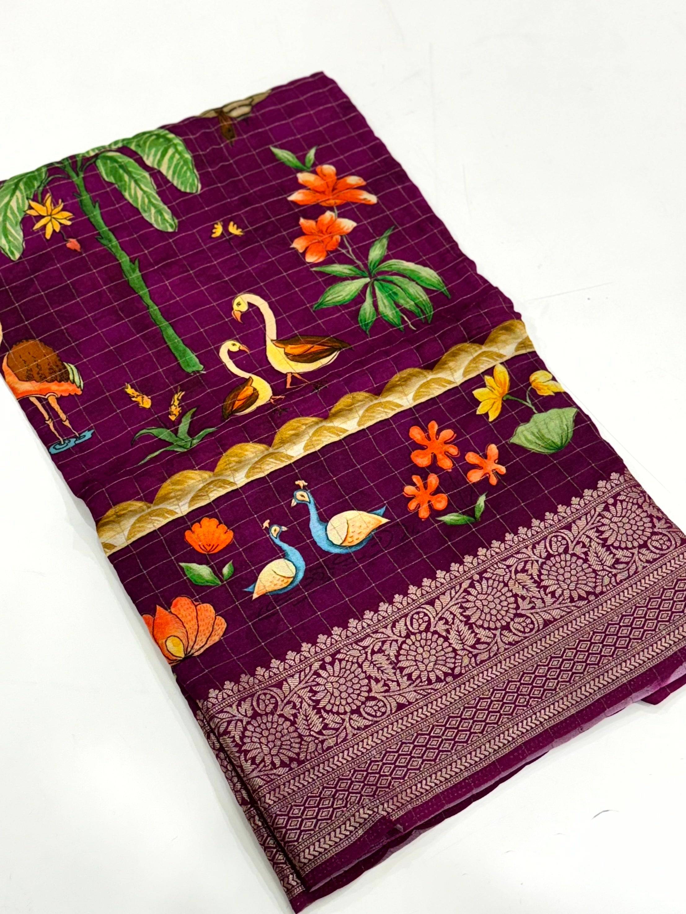 Deep Purple Pure Viscose Kalalmkari Print Saree