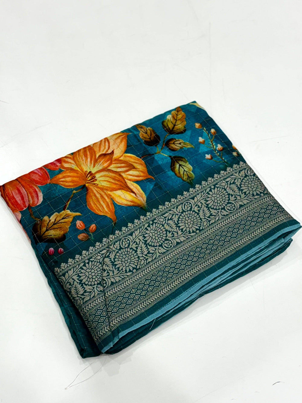 Teal Blue Pure Viscose Kalalmkari Print Saree