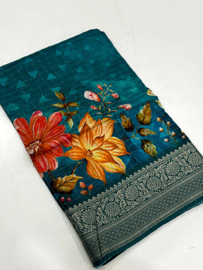 Teal Blue Pure Viscose Kalalmkari Print Saree