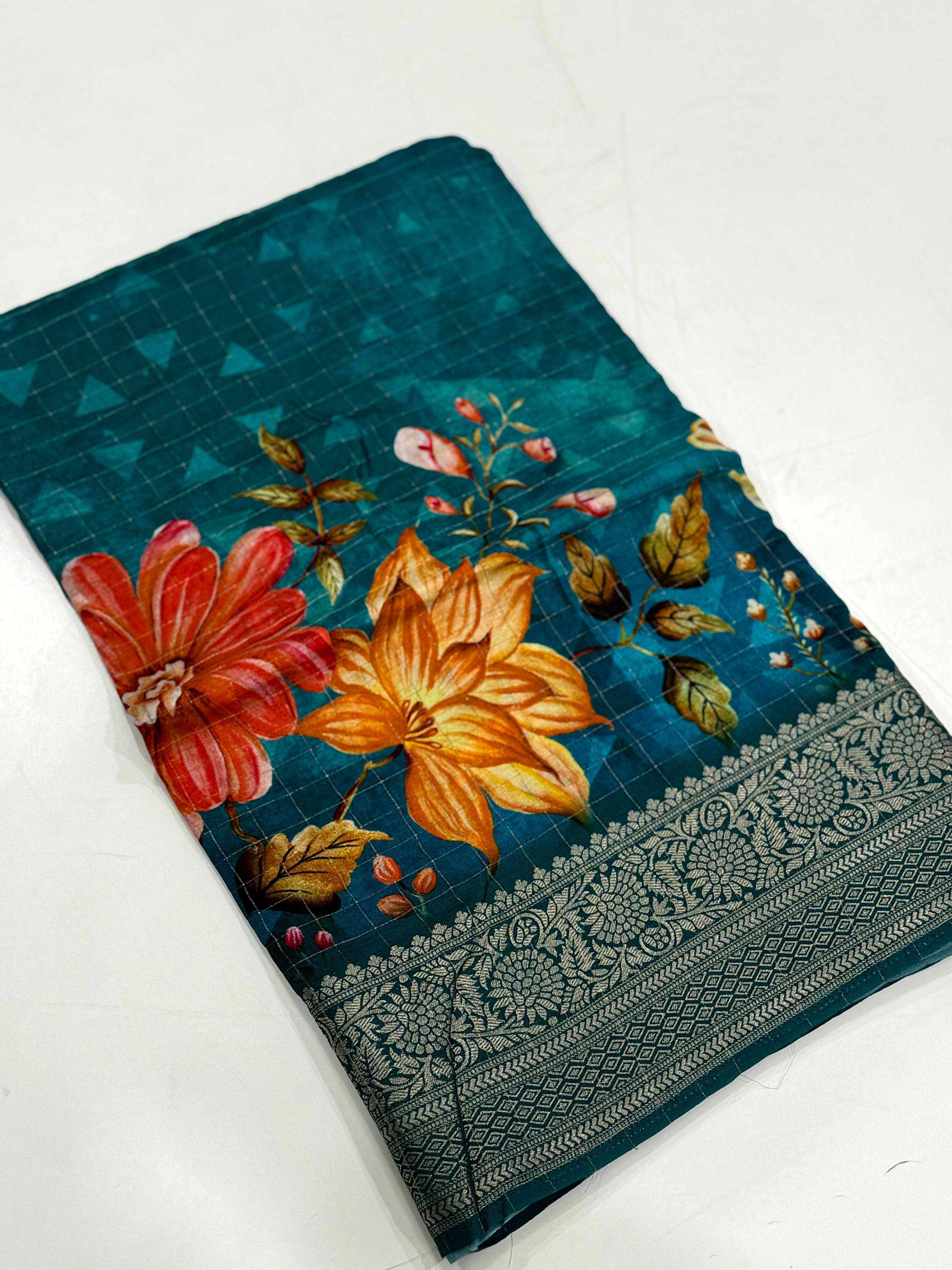 Teal Blue Pure Viscose Kalalmkari Print Saree