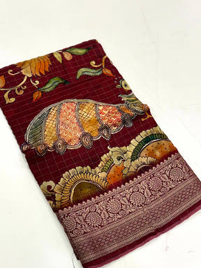 Deep Maroon Pure Viscose Kalalmkari Print Saree