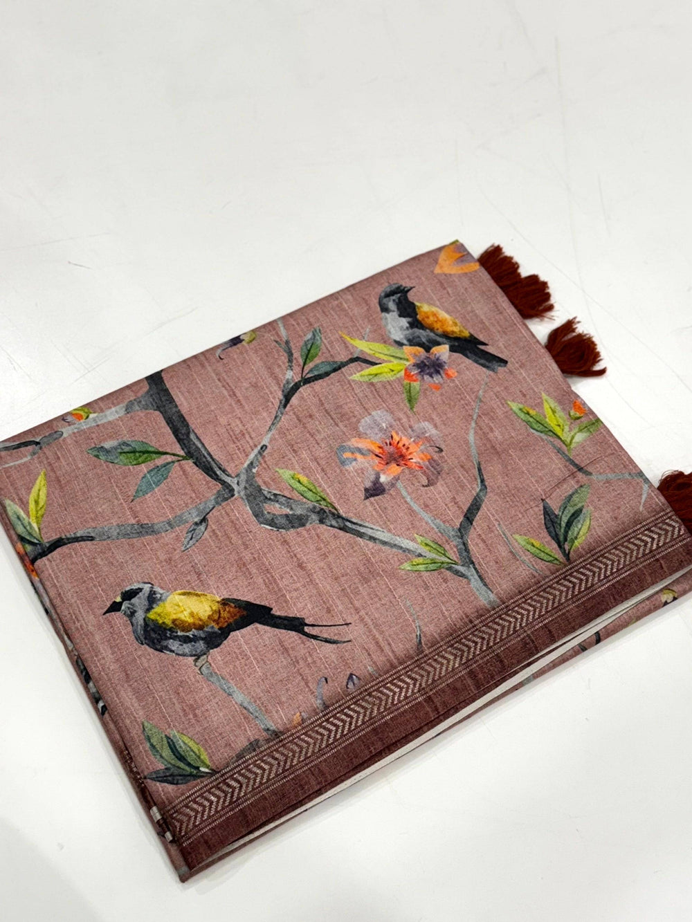 Artistic Floral Bird Print Tussar Silk Saree