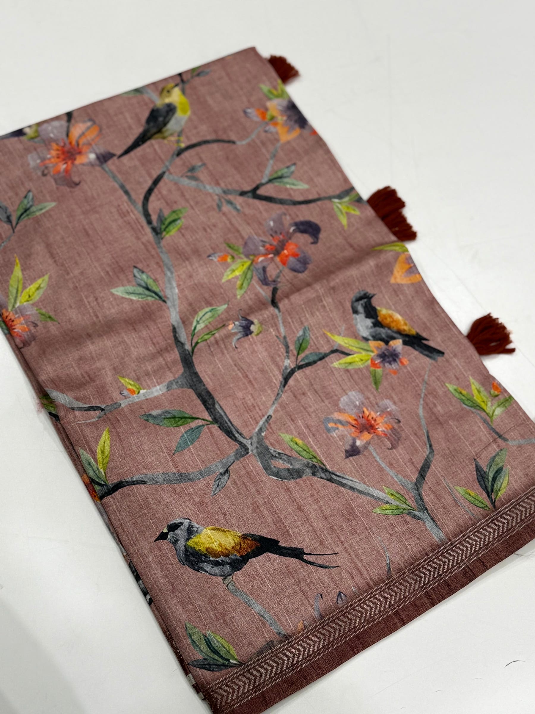 Artistic Floral Bird Print Tussar Silk Saree