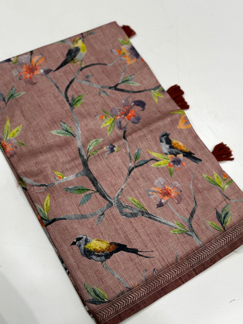 Artistic Floral Bird Print Tussar Silk Saree