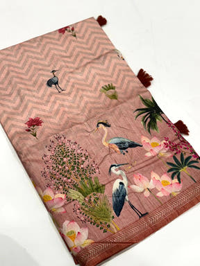 Rose Pink Pichwai Print Tussar Silk Saree