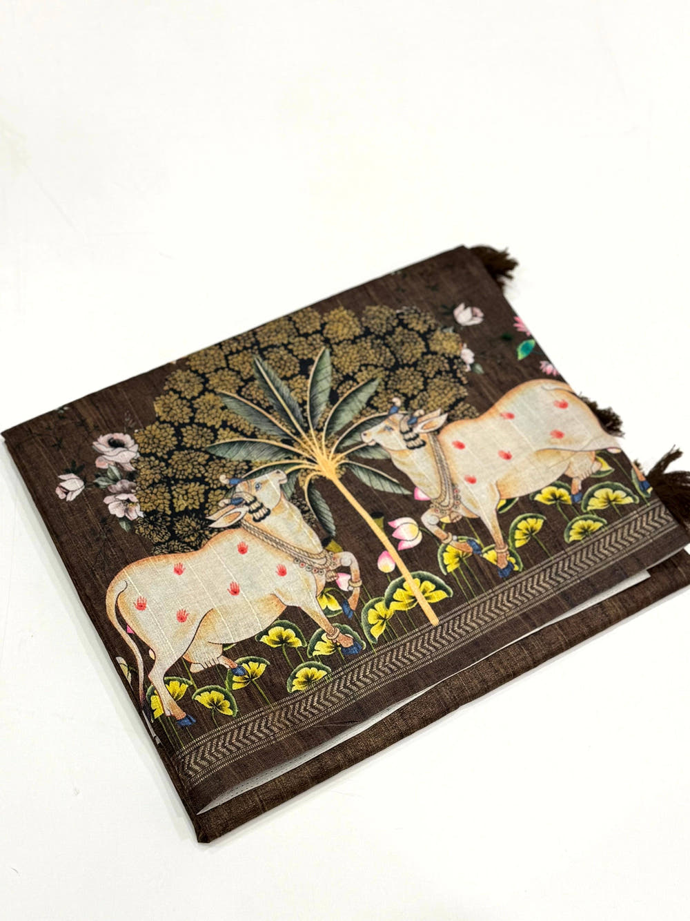 Coffee Brown Pichwai Print Tussar Silk Saree

