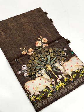 Coffee Brown Pichwai Print Tussar Silk Saree

