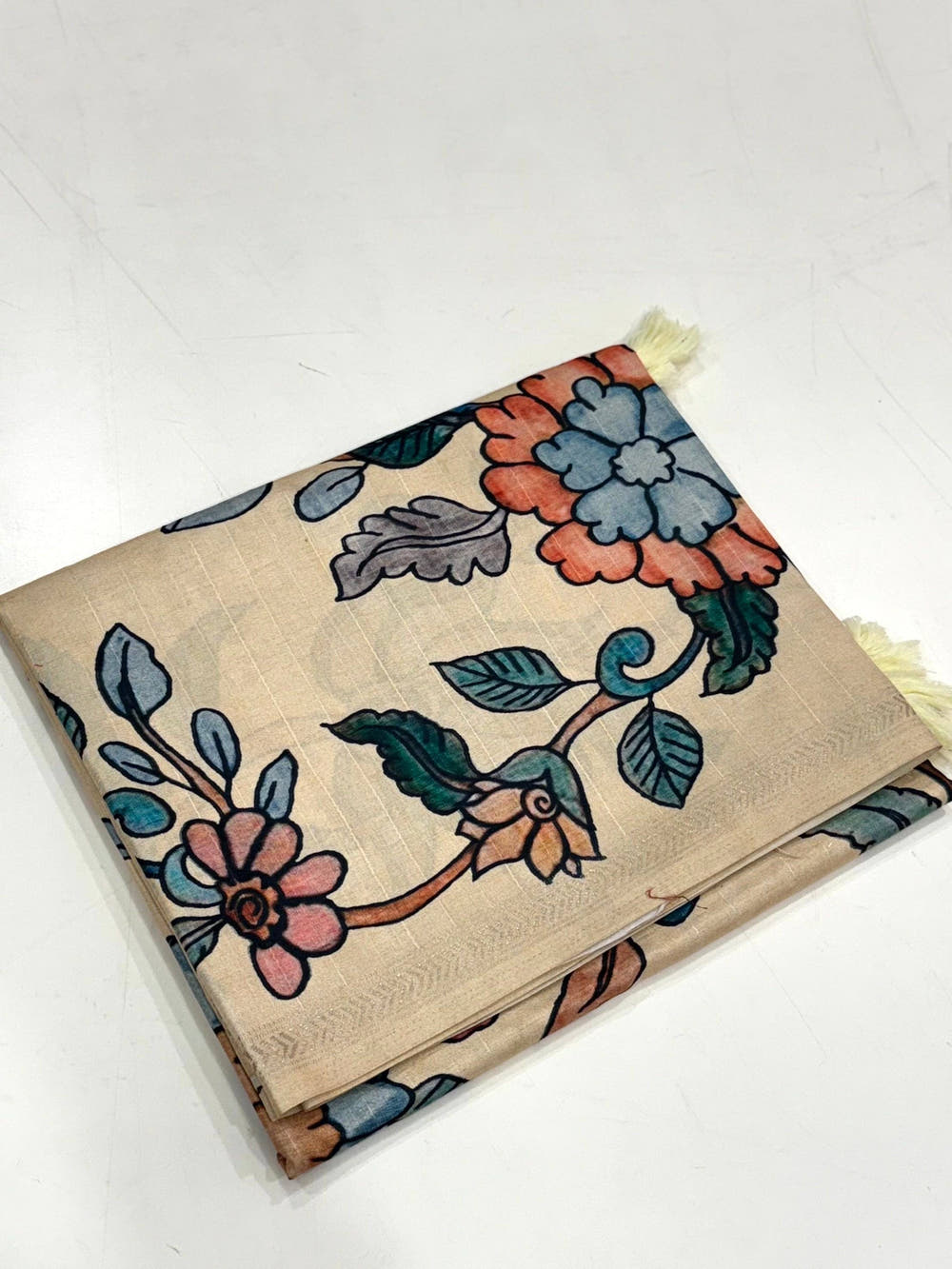 Kalamkari Printed Cream Ghicha Saree