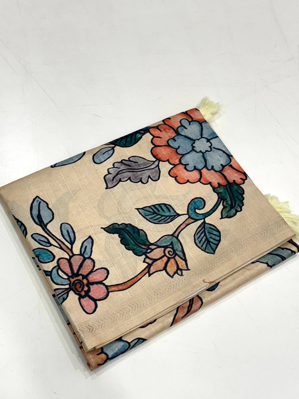 Kalamkari Printed Cream Ghicha Saree