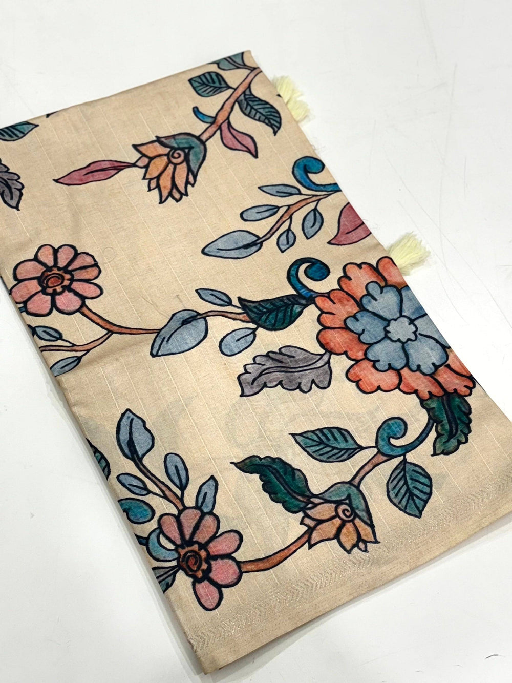 Kalamkari Printed Cream Ghicha Saree