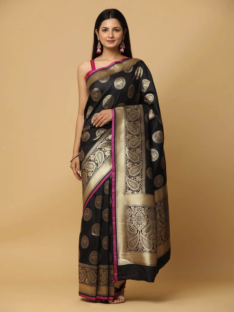 Black Katan Silk Zari Weaving Saree with Paisley Pallu