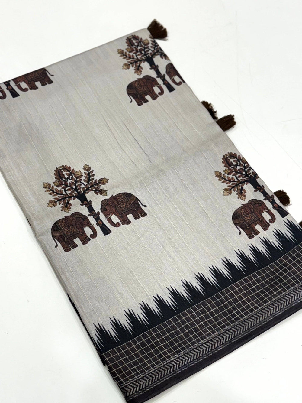 Block Printed Coffee Brown Ghicha Silk Saree