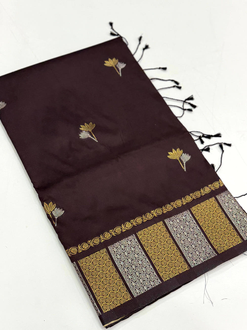 Brown Soft Silk Sona Chandi Butta Saree


