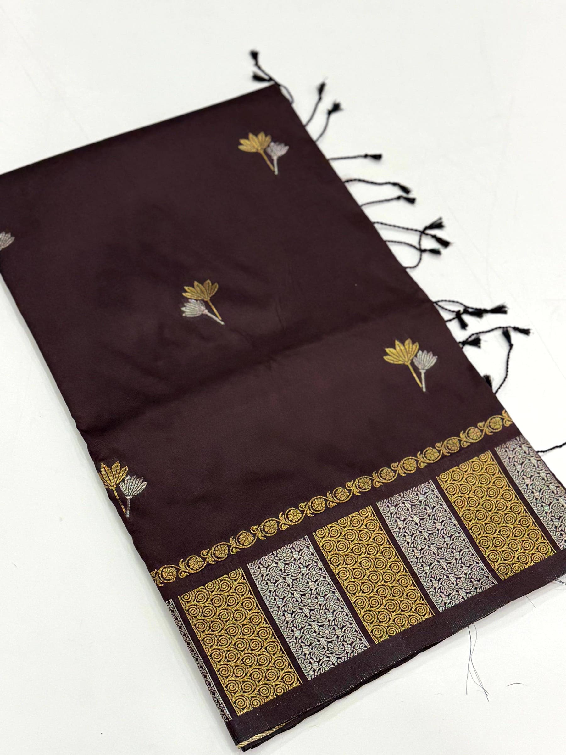 Brown Soft Silk Sona Chandi Butta Saree

