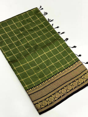 Green Self Chex Soft Silk Saree