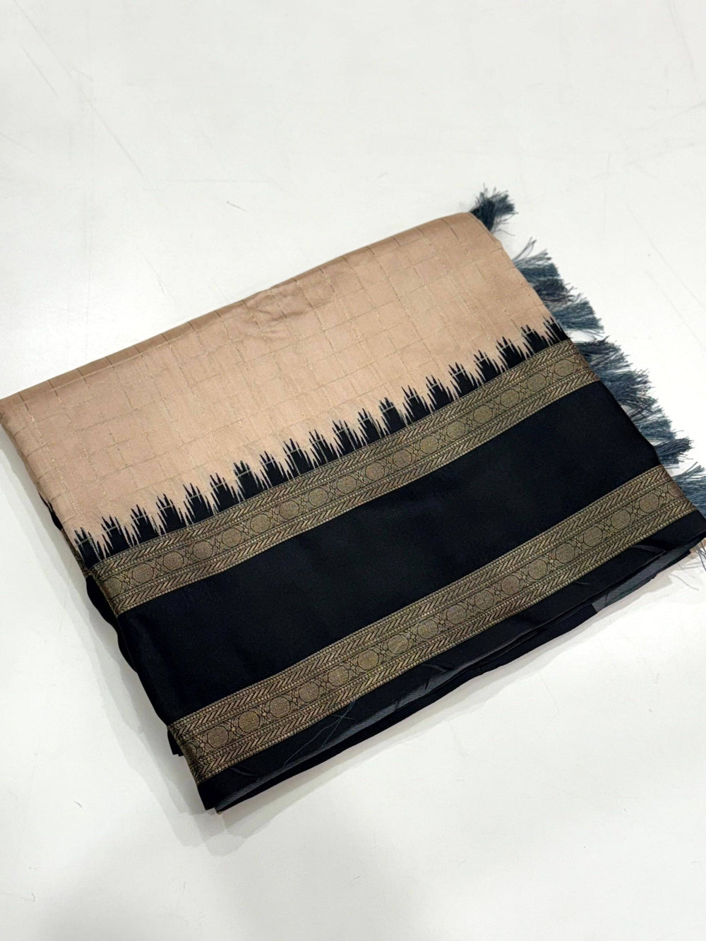Beige Zari Checked Satin Rettapet Saree