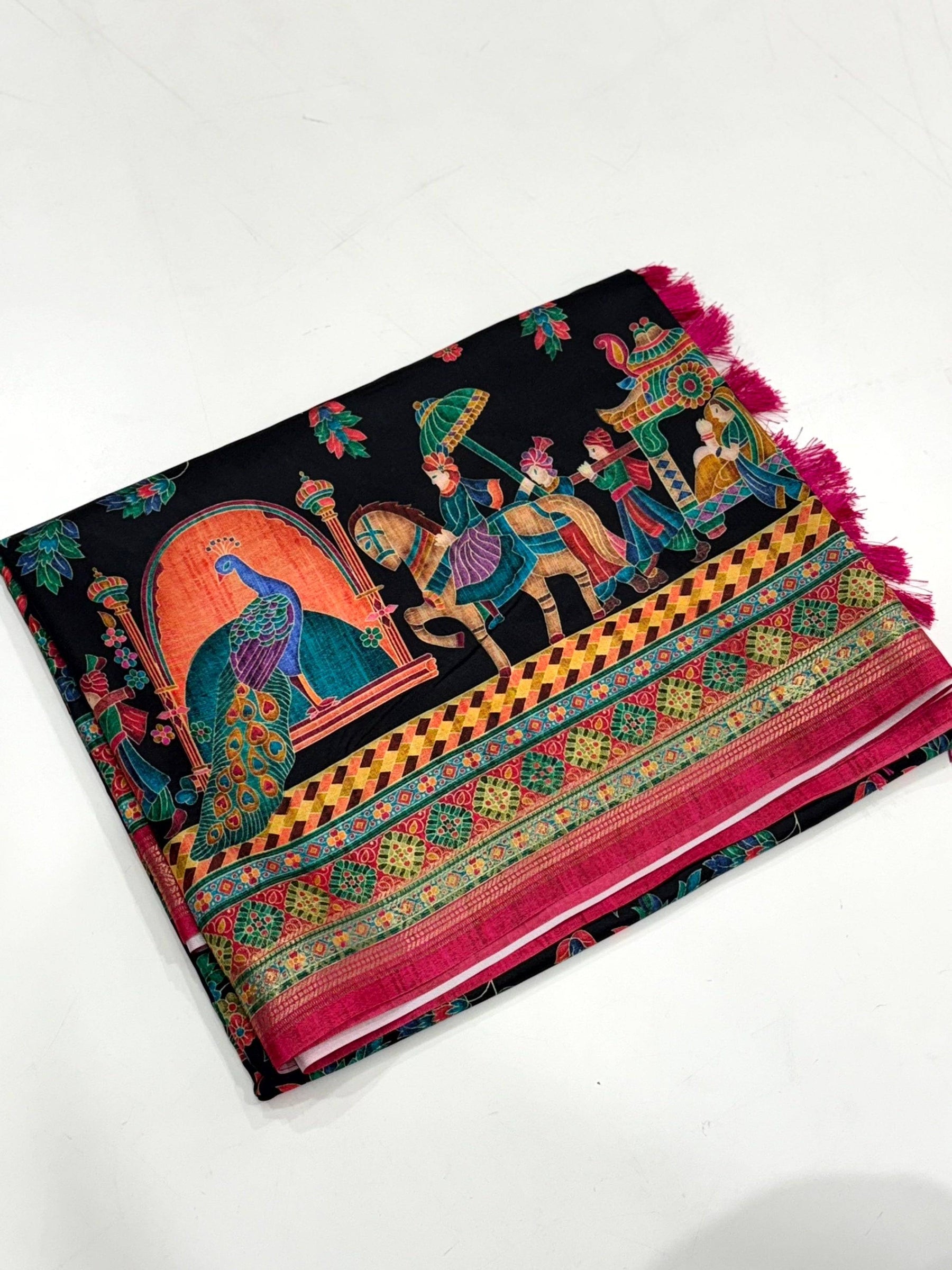 Black Soft Silk Pashmina Kashmiri Print Saree