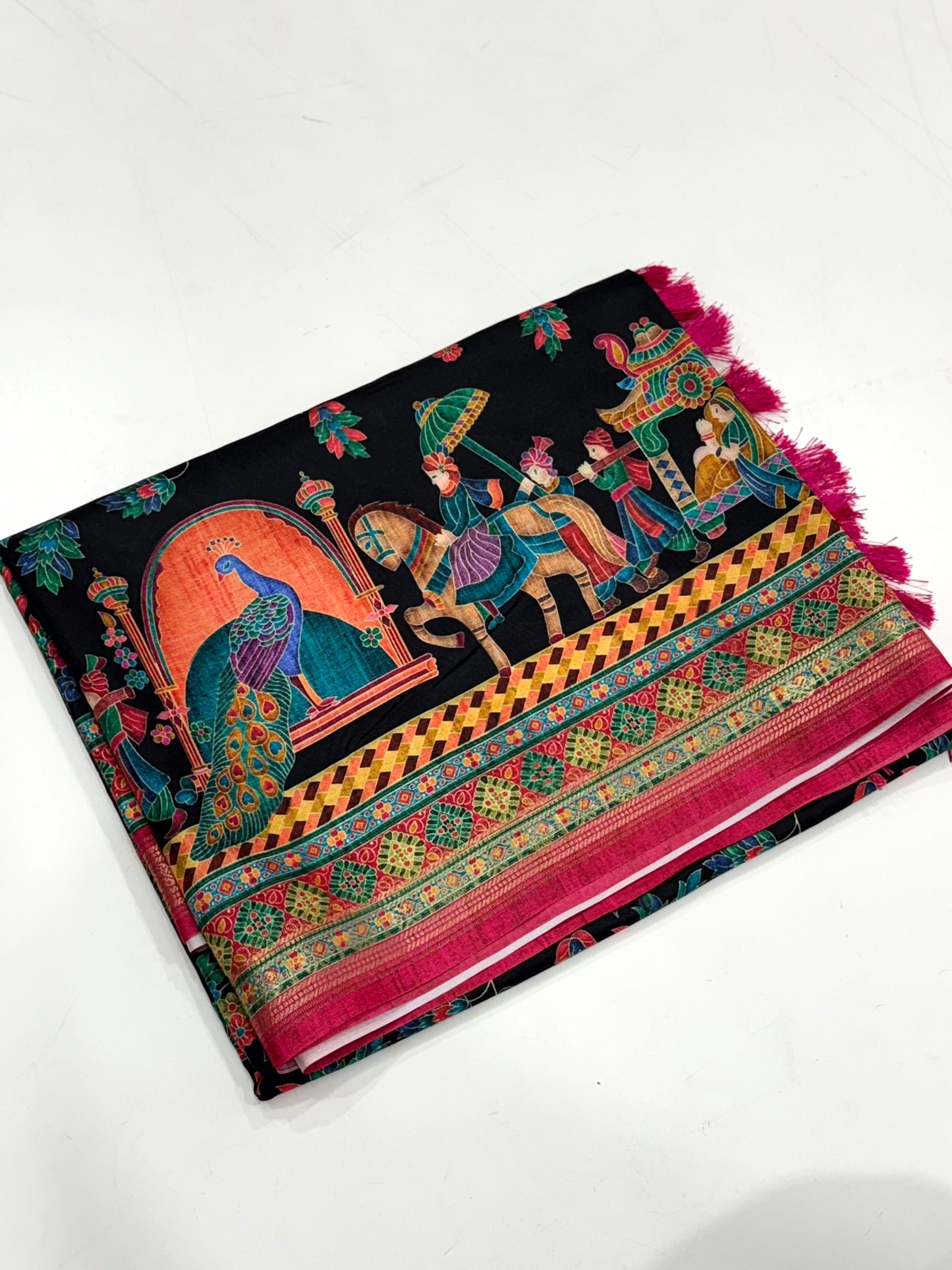 Black Soft Silk Pashmina Kashmiri Print Saree