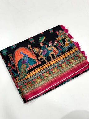 Black Soft Silk Pashmina Kashmiri Print Saree