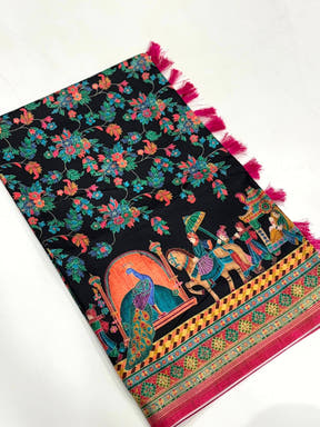 Black Soft Silk Pashmina Kashmiri Print Saree