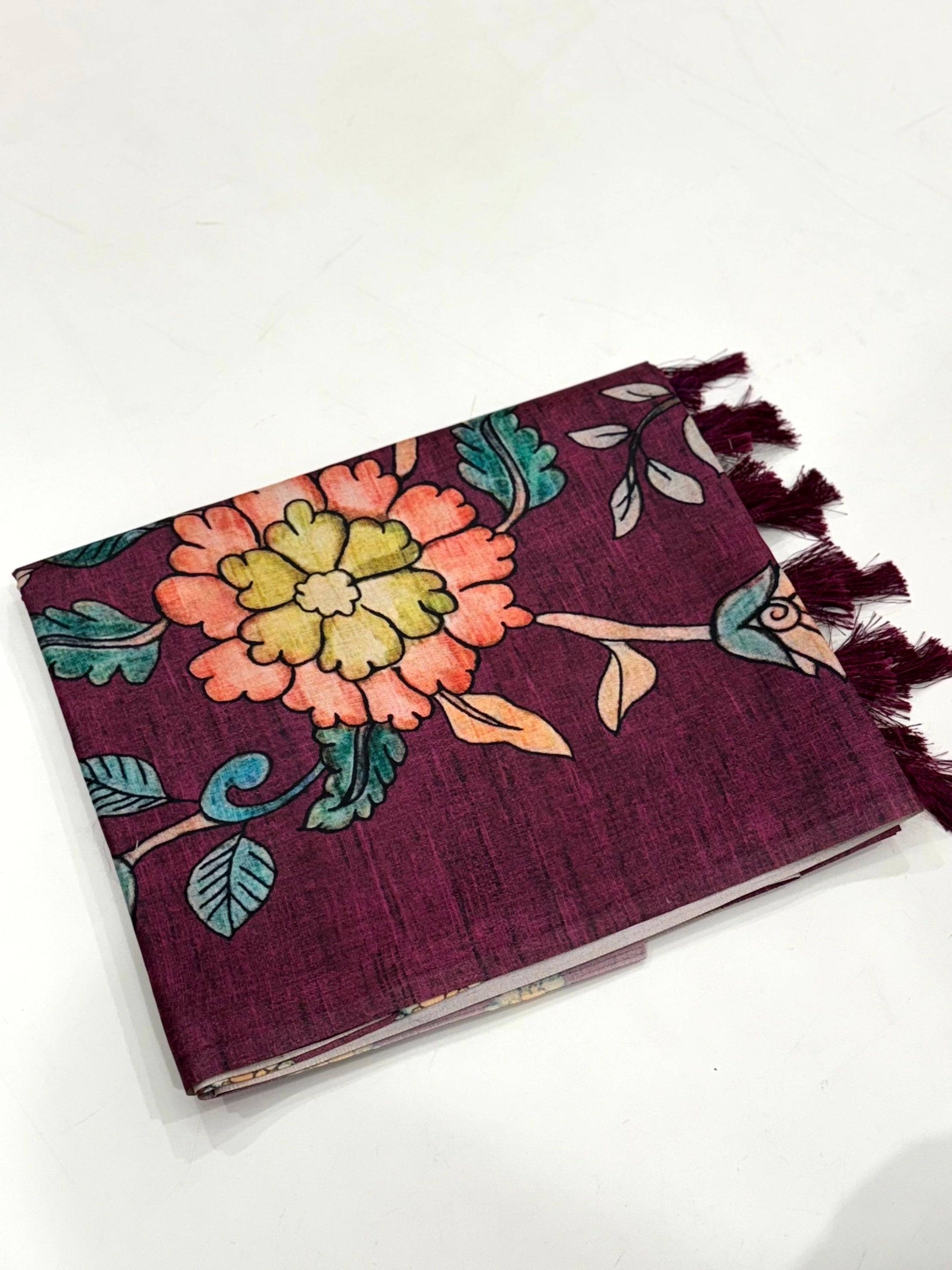 Wine Soft Semi Tussar Digital Print Saree