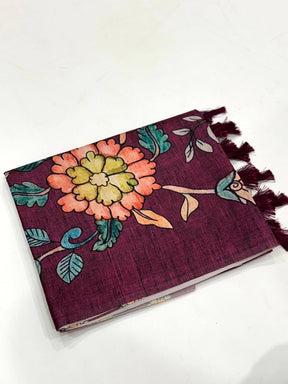 Wine Soft Semi Tussar Digital Print Saree