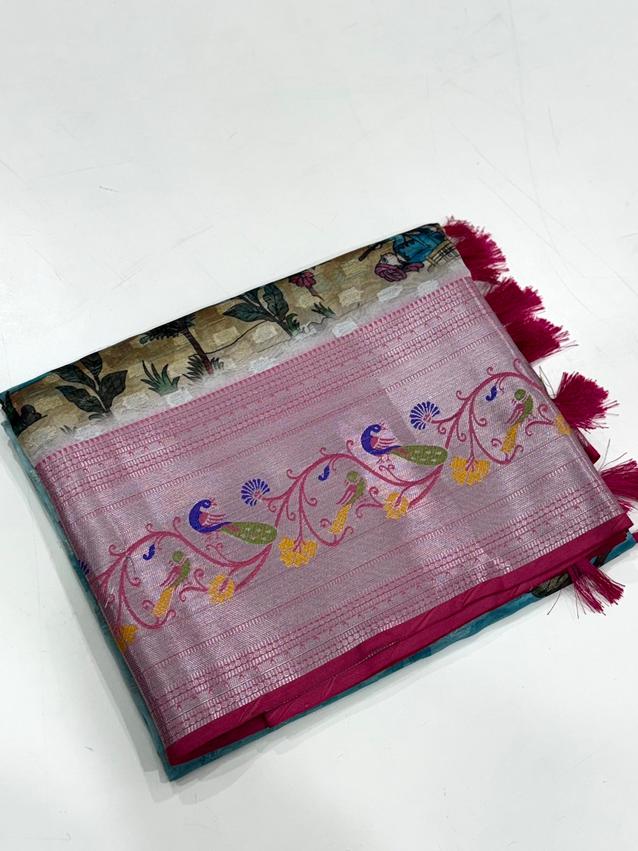 Sky Blue Organza Tissue Saree