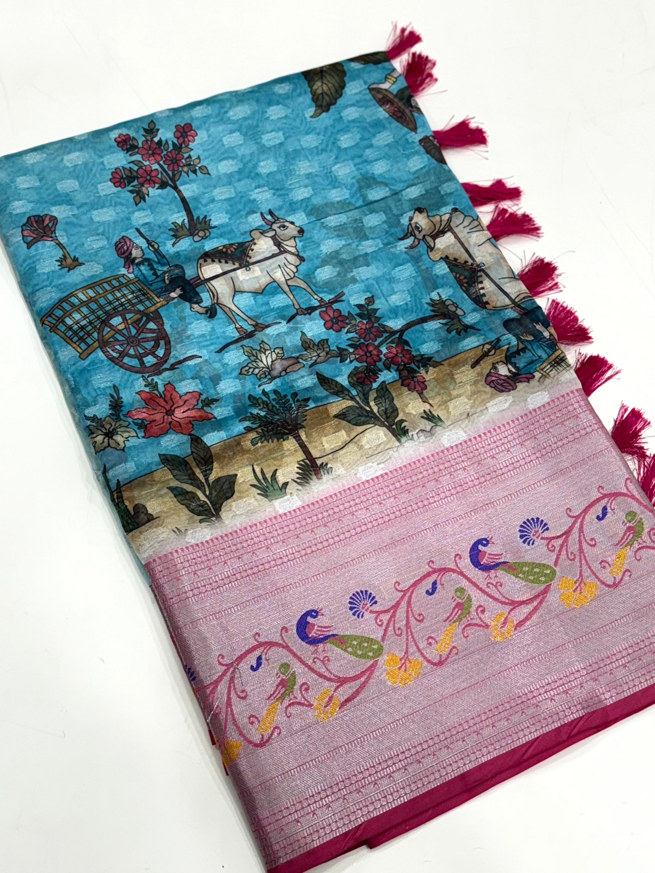 Sky Blue Organza Tissue Saree